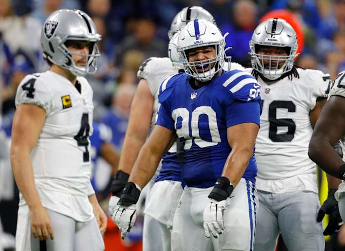 Indianapolis Colts defensive tackle Grover Stewart (90) celebrates after a stop Sunday, Jan. 2, 2022, during a game against the Las Vegas Raiders at Lucas Oil Stadium in Indianapolis.